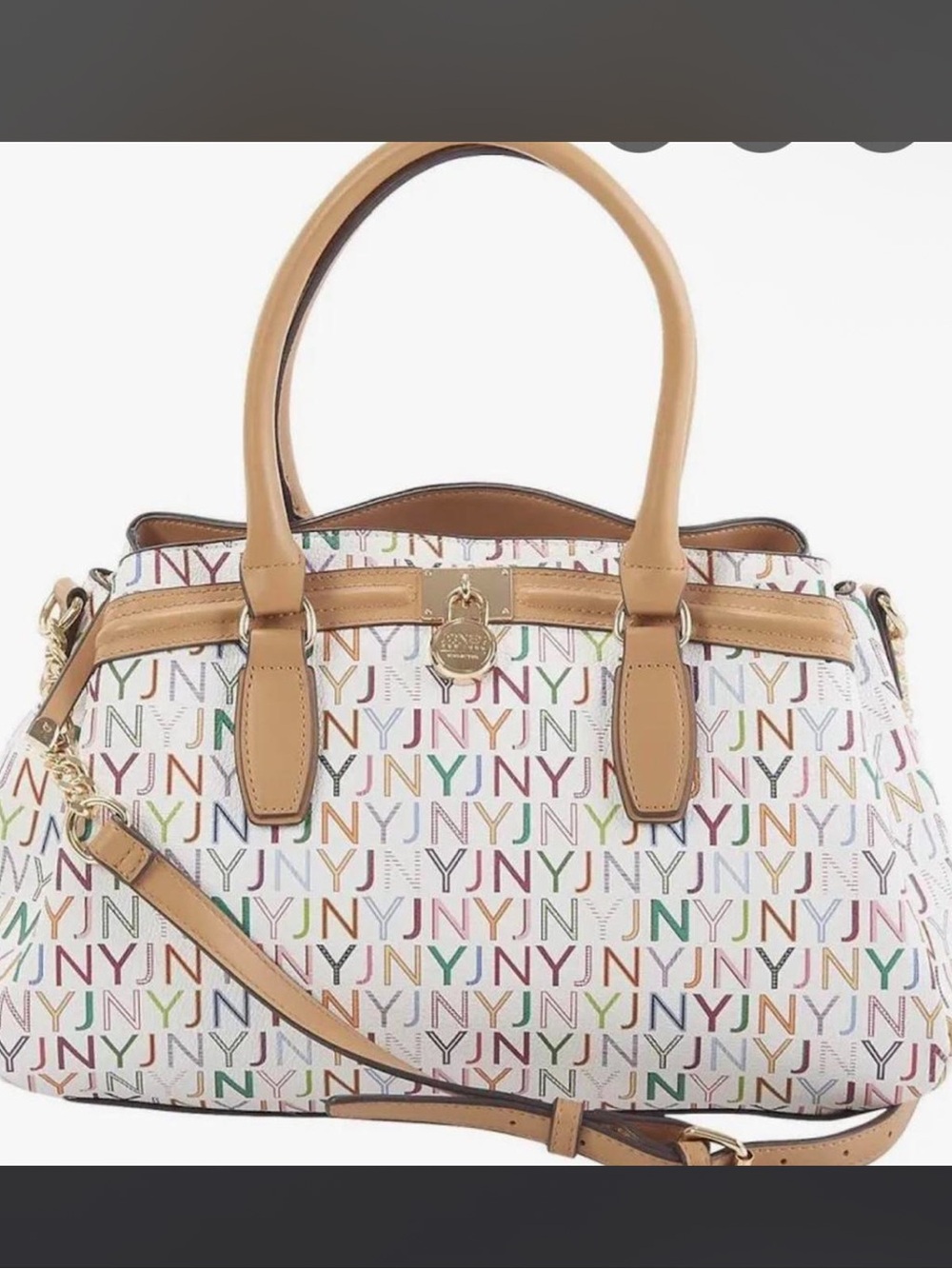 Jones New York White Multicolor NY Logo Satchel with Tan Trim